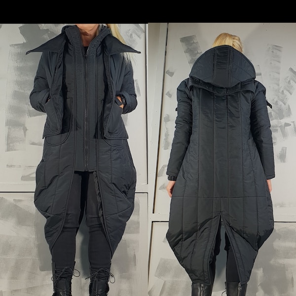 Veste femme Avant Garde, veste à capuche longue, veste poches, veste zippée, veste extravagante d’hiver, veste coupe-vent, NonStandardDesign