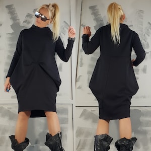 New Collection Extravagant Loose Dress, Black Cotton Dress, Tunic Dress, Blouson Dress, Asymmetrical Dress, Long Sleeve Dress