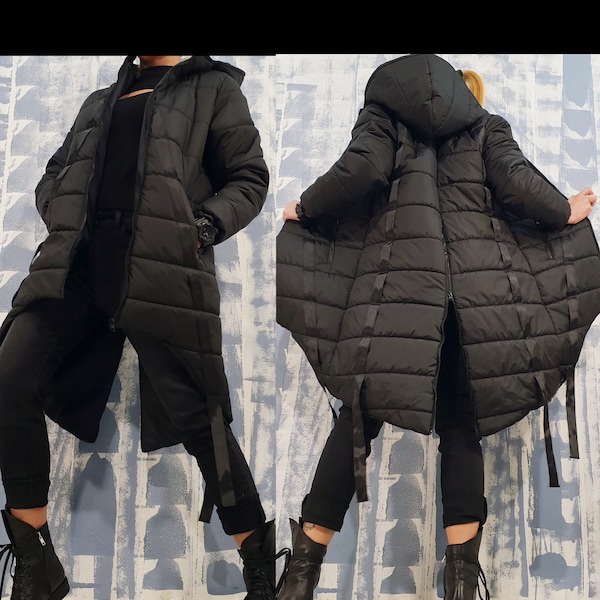 Kurtka damska Avant Garde, długa kurtka z kapturem, asymetryczna miejska czarna kurtka, ekstrawagancka kurtka streetwearowa, zimowa kurtka designerska