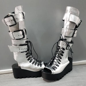 Gothic Women Sandals, Extravagant Platform Sandals, Leather Gladiator Sandals, High Sandals, Silver Sandals, Leather Wedges, Grunge Sandals
