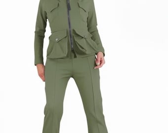 Olive Green Women's Set, Avant Garde Jacket, Split Hem Pants, Military Utility Outfit