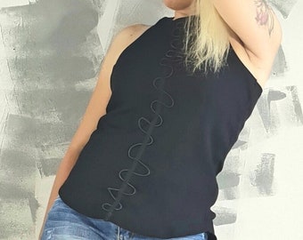 Blusa de algodón negra de vanguardia: blusa extravagante sin mangas