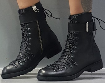 Genuine Leather Combat Booties: Gothic Ankle Boots