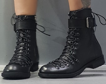 Genuine Women Boots, Gothic Shoes, Leather Booties, Combat Boots, Ankle Leather Boots, Gothic Shoes, Size 36: Foot Length 24 cm / 9.4 inches