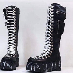 Genuine Women High Boots, Pockets Boots, Black Platform Shoes, Platform Shoes, Gothic Boots , Leather High Boots, Platform Grunge Boots