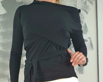 One Shoulder Black Cotton Blouse: Avant Garde Long Tie Top