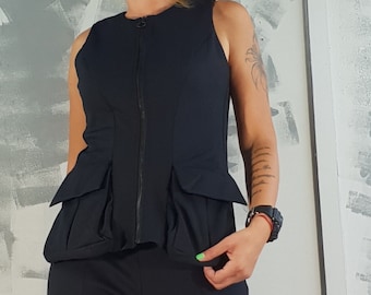 Colete gótico, colete assimétrico, colete preto sem mangas, colete steampunk, colete extravagante, colete plus size, roupas de festa