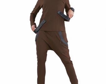 Chocolate Brown Co Ord Set, Avant Garde Two Piece Outfit, Asymmetrical Top, Drop Crotch Pants