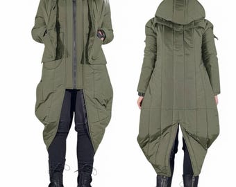 Olive Green Oversized Puffer Jacket, Asymmetrical Winter Coat, Avant Garde Quilted Hooded Coat