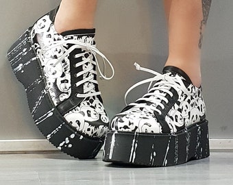 Genuine Women Shoes, Leather Platform Shoes, Gothic Women Shoes, Extravagant Shoes,  Ankle Platform Shoes, Grunge Shoes, Panda print