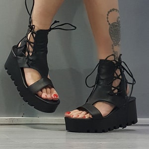 Platform Leather Sandals, High Summer Sandals, Steampunk shoes, Open Toe Sandals, Genuine Sandals ,Wedge Shoes, Gothic Shoes