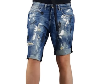 Pantalones cortos vaqueros pintados a mano, pantalones cortos vaqueros desgastados para mujer, vaqueros extravagantes de verano para mujer.
