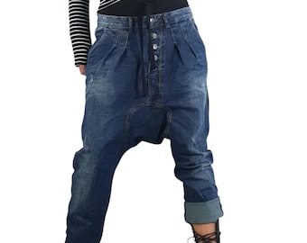 Denim Harem Pants Women, Avant-Garde Baggy Jeans, Drop Crotch Blue Jeans, Loose Fit Trousers