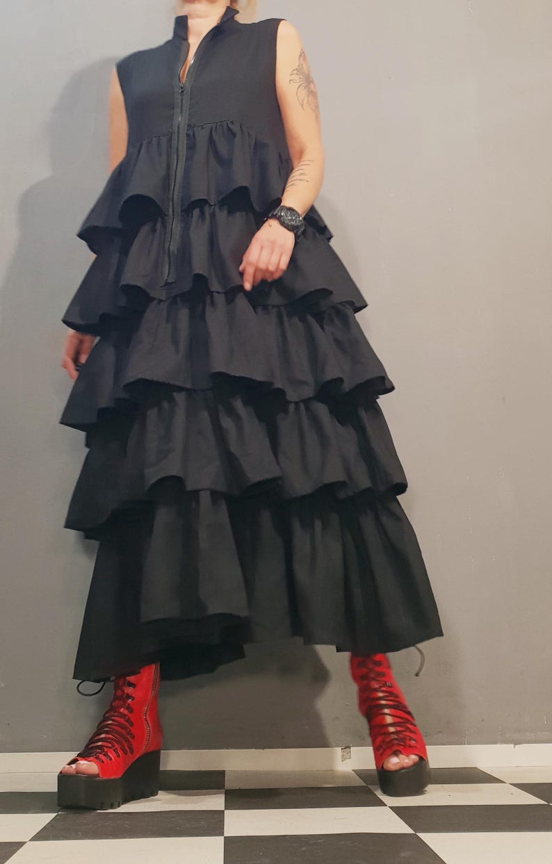 Black Linen Ruffle Dress, Extravagant Loose Linen Dress, Black Gothic Dress, Oversized Dress, Party Sleeveless Dress, Avant Garde Clothing image 3