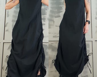 Vestido largo asimétrico de lino negro, estilo gótico vanguardista, talla M.