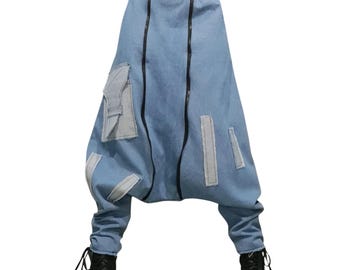 Denim Harem Pants / Drop Crotch Pants / Avant Garde Clothing / Wide Leg Pants Women /  Maxi Pants / Plus Size Clothing