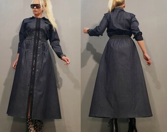 Vestido largo vaquero con cremallera frontal – Vestido camisero largo vanguardista – Vestido vaquero oscuro minimalista – Ropa urbana de alta costura – Vestido extravagante