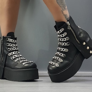 Leather Platform Ankle Boots: Gothic Grunge Chain Boots