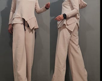 Avant Garde Cotton Two Piece Set, Asymmetrical Hoodie Top, Wide Leg Urban Designer Pants