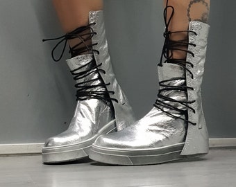 Silver Leather Platform Sneakers: Gothic Women's Shoes