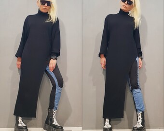 Asymmetric Oversized Tunic – Avant Garde Long Sleeve Blouse, Artistic Knitted Fabric Top, Turtleneck Maxi Top, Gothic Statement Clothing