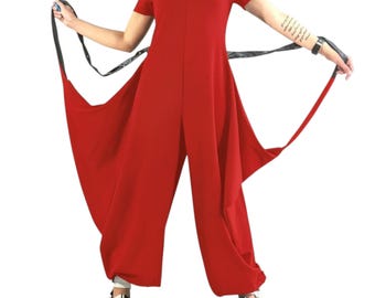Red Avant Garde Jumpsuit, Asymmetrical Wide Leg Romper, Oversized Designer Jumpsuit, Extravagant Women's Outfit