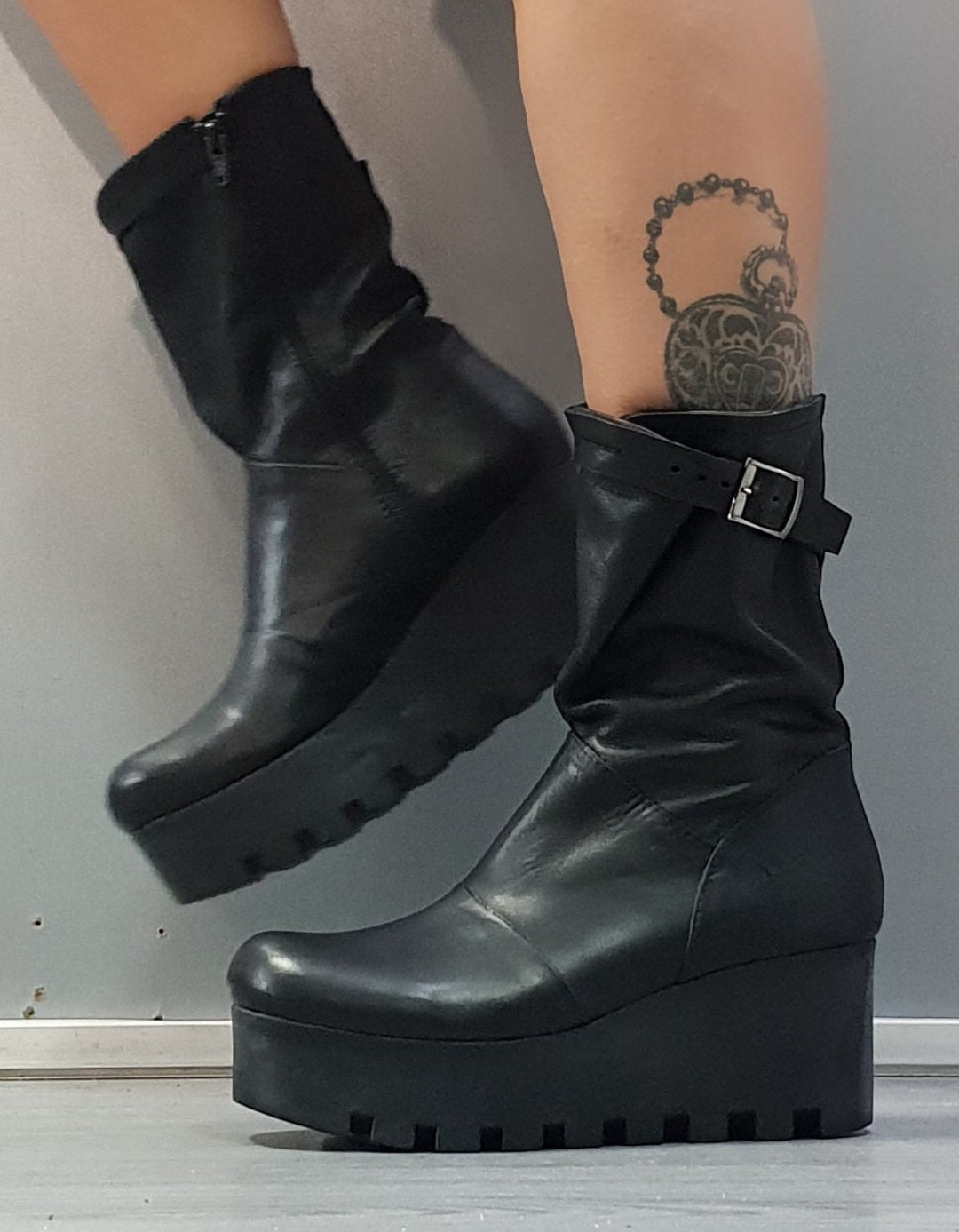 Gothic Plateau Leder Stiefeletten -Grunge Steampunk Stil- Echte