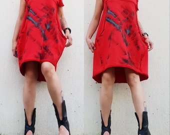 Red Cotton Tunic Dress – Oversized Avant Garde Handmade Painted Dress, Asymmetrical Extravagant Fashion, Loose Gothic Party Outfit