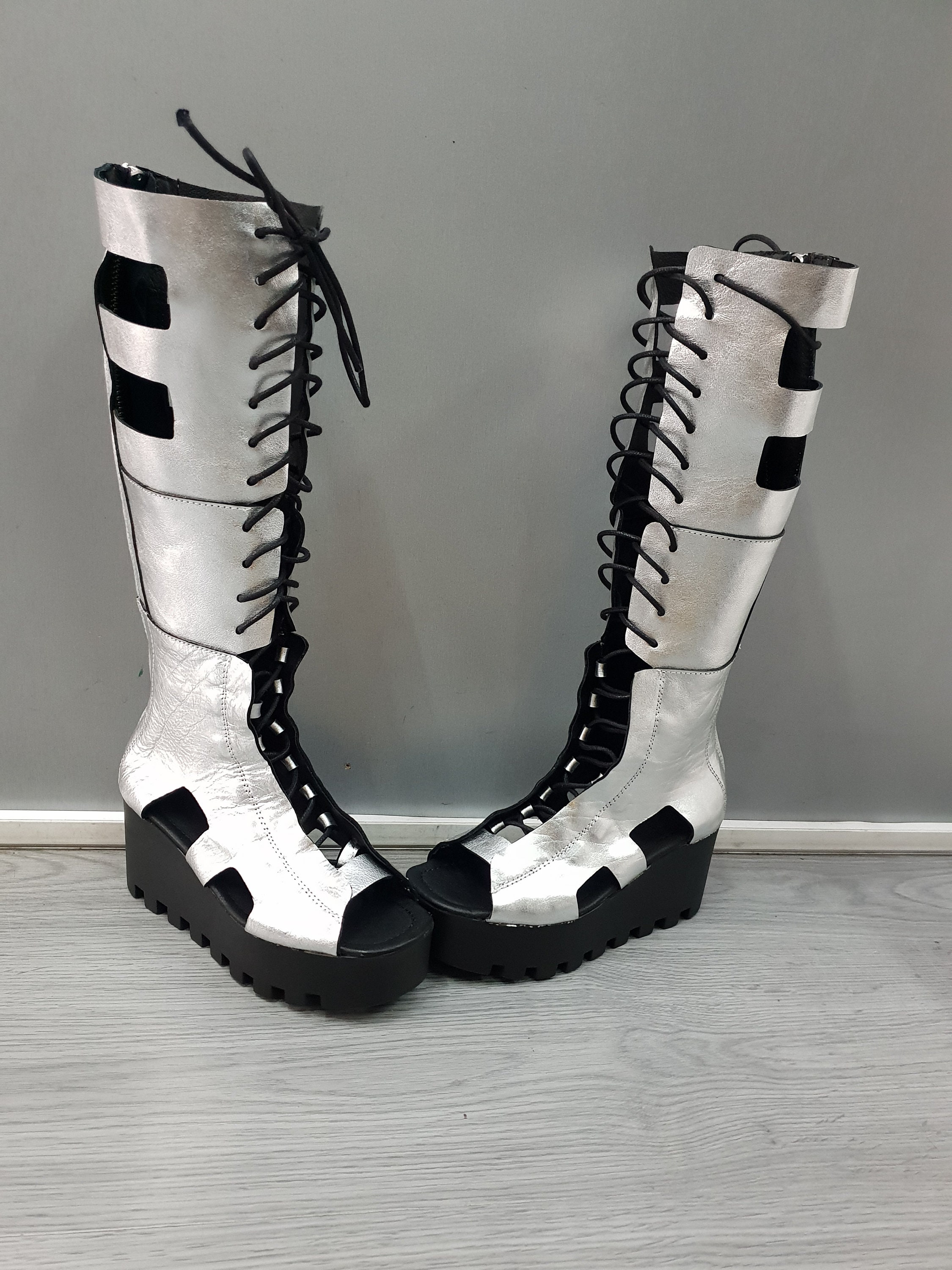 Stivali Alti Gladiatore Da Donna &ndash; Combat Boots Stringati, Punta Piatta, Stile Punk Gotico, Ginocchio