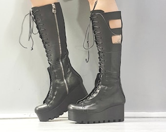 Leather Platform Gladiator Boots: Extravagant Gothic High Boots