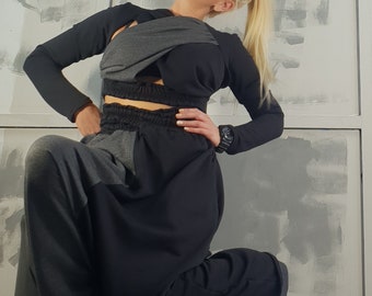 Avant Garde Black Cotton Top: Extravagant Deconstructed Design