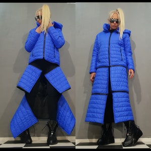 Avant Garde Women Jacket, Long Hoodie Jacket, Blue Women Jacket, Zipper Jacket, Winter Extravagant Jacket, Windproof Jacket, NonStandard