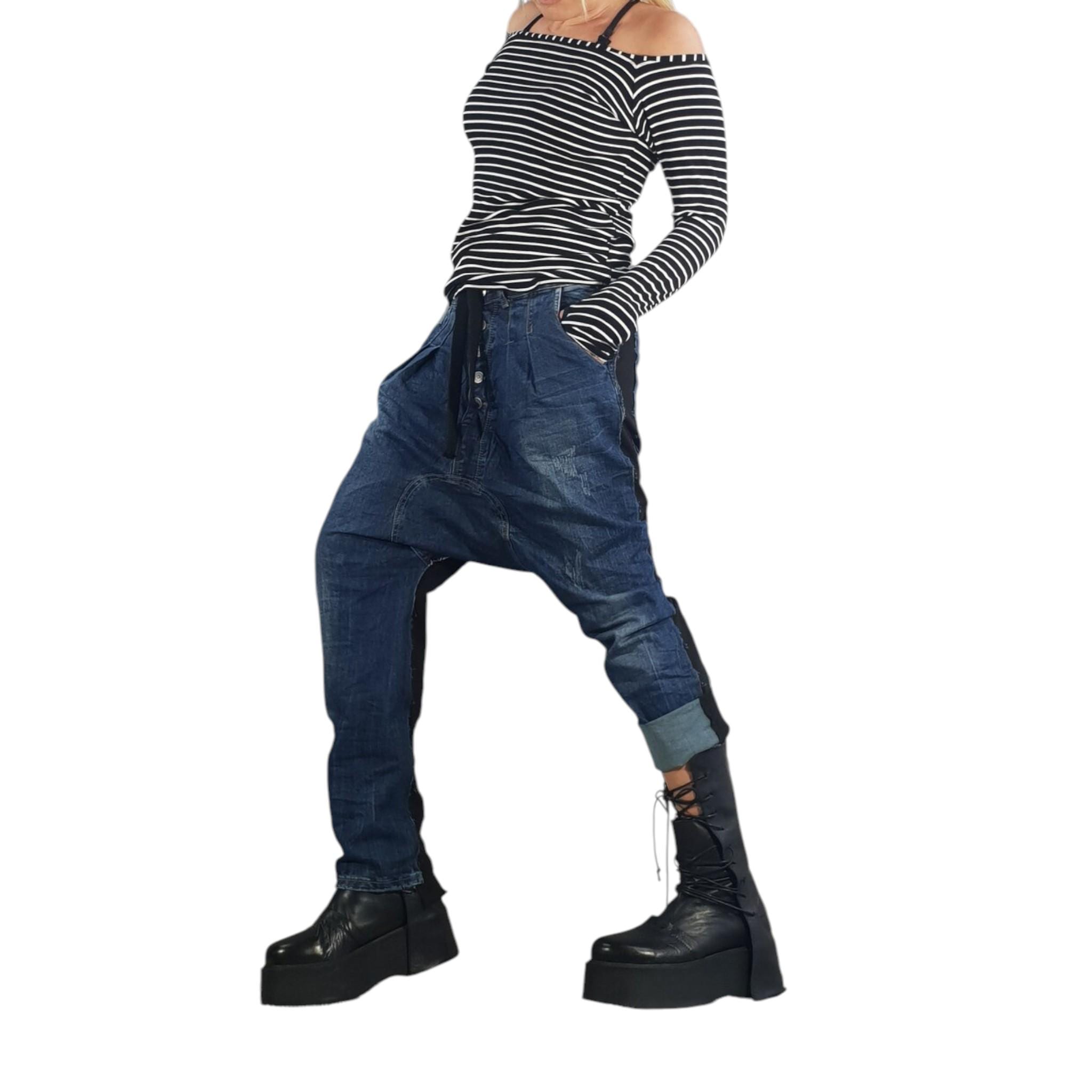 Denim Harem Pants Women, Avant-garde Baggy Jeans, Drop Crotch Blue