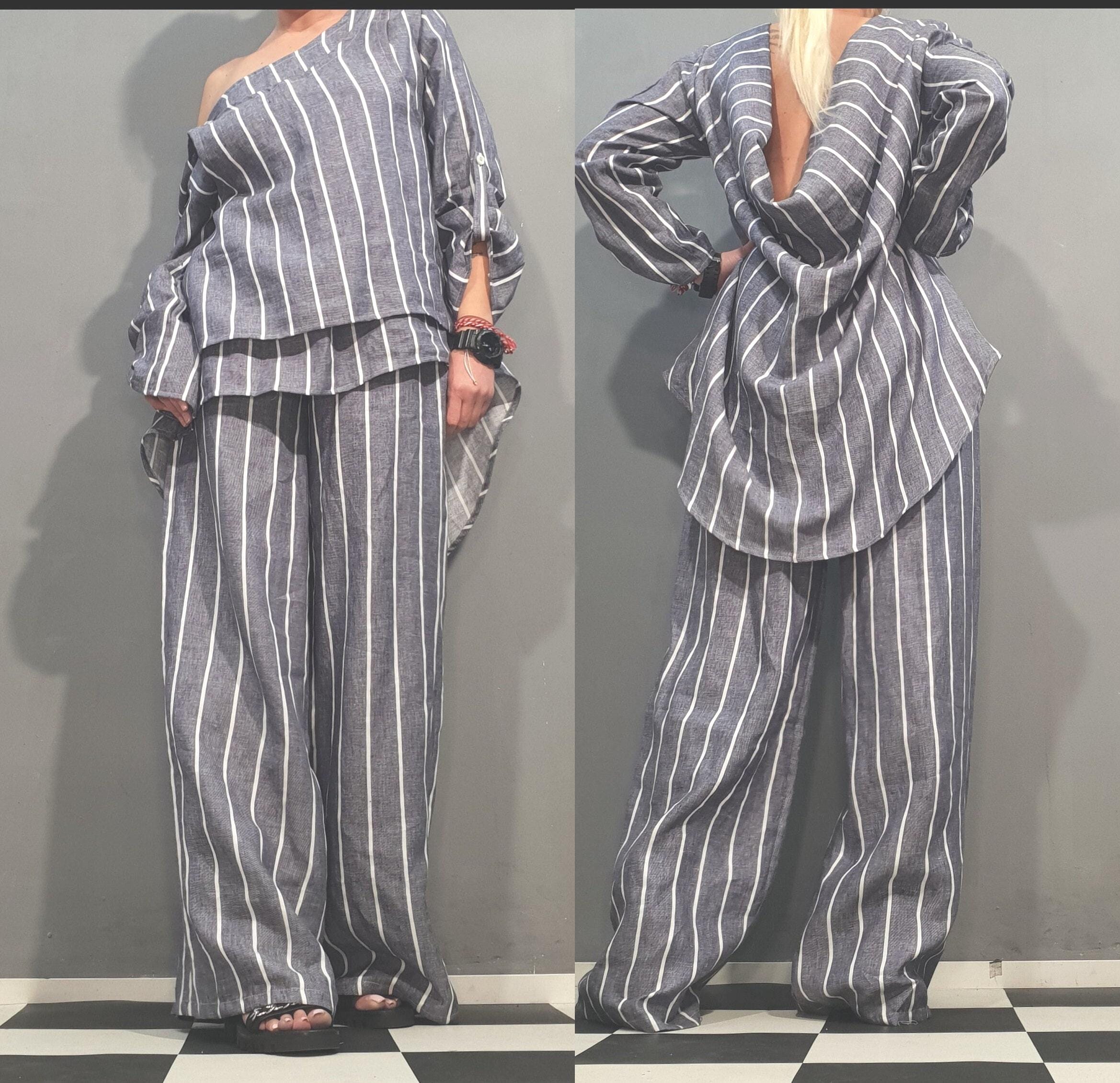 Handmade Linen Two-Piece Set/ Avant Garde Open Back Tunic / Linen Wide Pants/ Boho Loose Outfit/ Extravagant Women Costume/Avant Garde Style