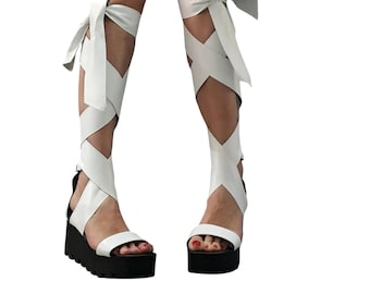 Women’s White Gladiator Platform Sandals, Gothic Lace Up Chunky Wedge Shoes