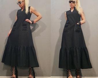 Vestido vanguardista sin mangas de lino negro: vestido maxi minimalista de diseñador para mujer