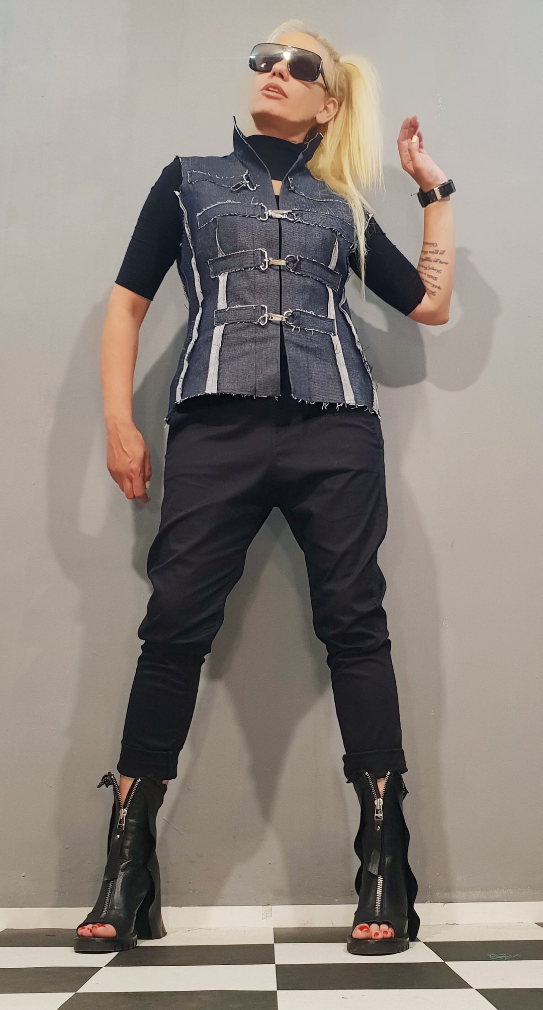 Avant-garde Denim Vest, Sleeveless Buckle Jacket, Asymmetrical ...