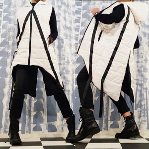 Avant Garde Sleeveless Hooded Jacket – Asymmetrical Winter Vest for Women, Oversized Warm Streetwear Coat, Handmade Artistic Outerwear image 1