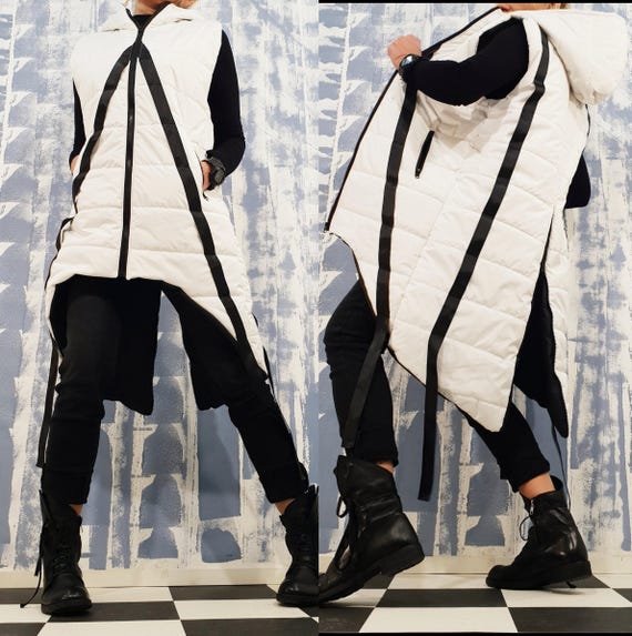 Avant Garde Sleeveless Hooded Jacket – Asymmetrical Winter Vest for Women, Oversized Warm Streetwear Coat, Handmade Artistic Outerwear
