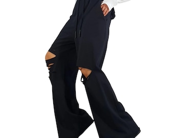 Black wide leg pants women ripped loose fit trousers elastic waist casual asymmetrical pants