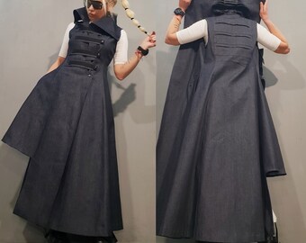 Gothic denim bodywarmer voor dames – lang asymmetrisch jeanvest – steampunk-laagjes – avant-garde streetwear