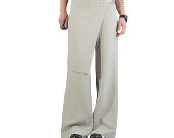 Women's Asymmetrical Linen Pants, Avant Garde Skirt Front Trousers, Wide Leg High Waist Pants