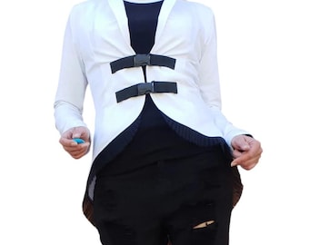White Women Blazer, Asymmetrical Jacket with Tulle, Fitted  Blazer, Avant Garde Clothing