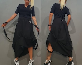 Avant-Garde Cotton Skirt, Asymmetrical Black Midi Skirt, Edgy Urban Streetwear, Unique Women Fashion