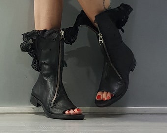 Handmade Leather Open Toe Wedge Sandals: Steampunk Gothic Boots