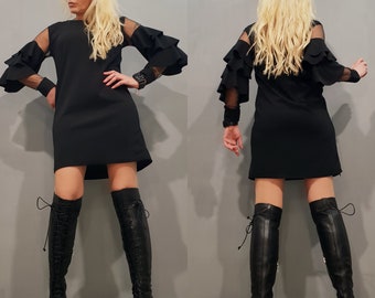 Avant Garde Black Dress: Tulle Sleeves, Steampunk Gothic Party Dress