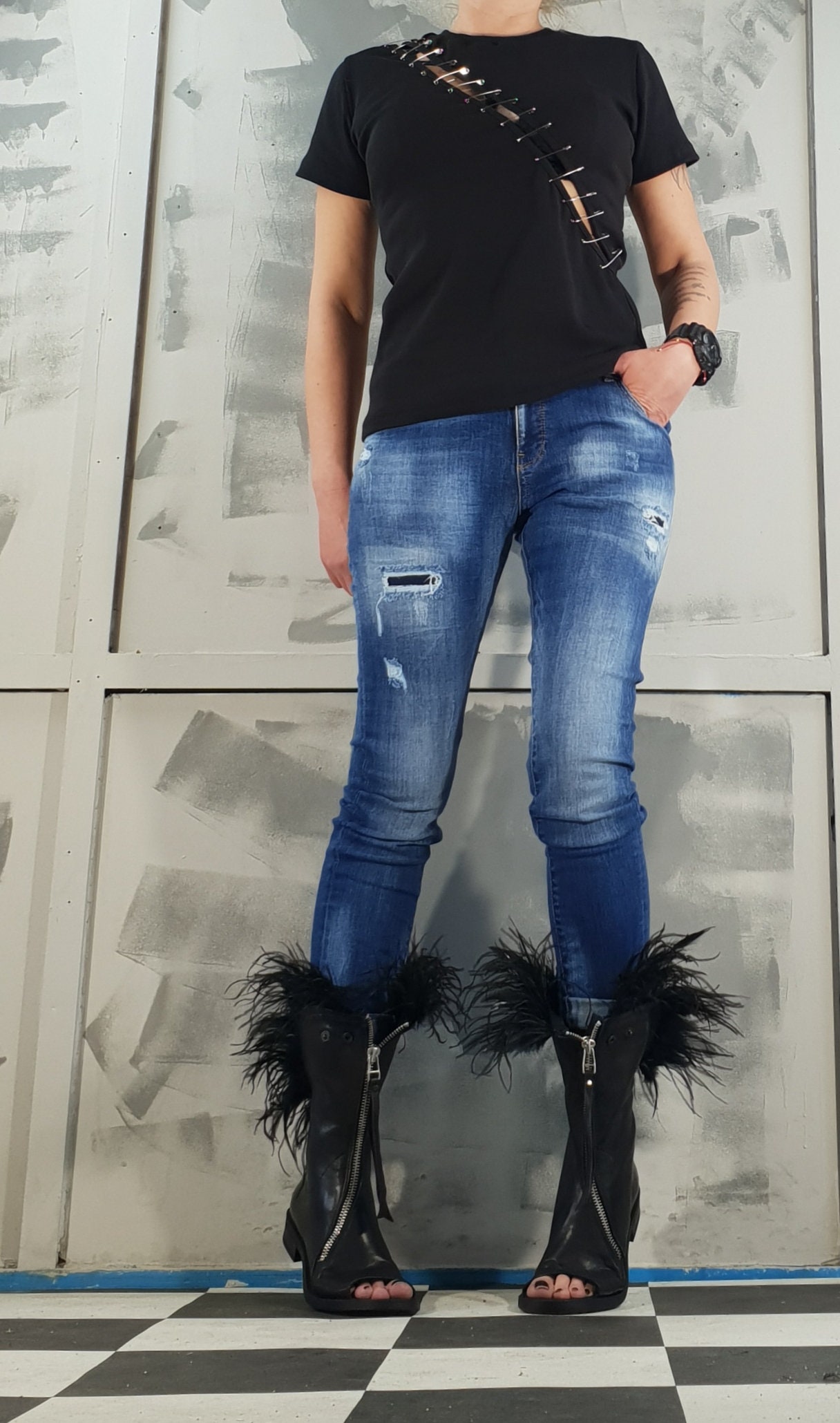 Sabotage — Avant-garde A-print Top Black Cotton Avant Garde Top: Safety Pin Extravagant Blouse