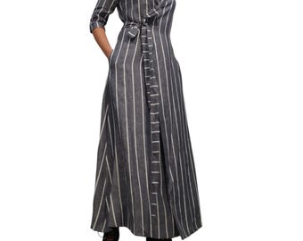 Wrap Linen Maxi Dress, Long Sleeve Dress with Pockets, Avant Garde Clothing