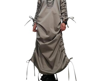 Vestido largo asimétrico gris, vestido gótico vanguardista de manga larga, ropa de diseñador.