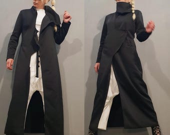 Avant Garde Neoprene Long Coat, Asymmetrical Black Coat, Sculptural Urban Outerwear, Unique Long Jacket, Futuristic Fall Coat, Handmade